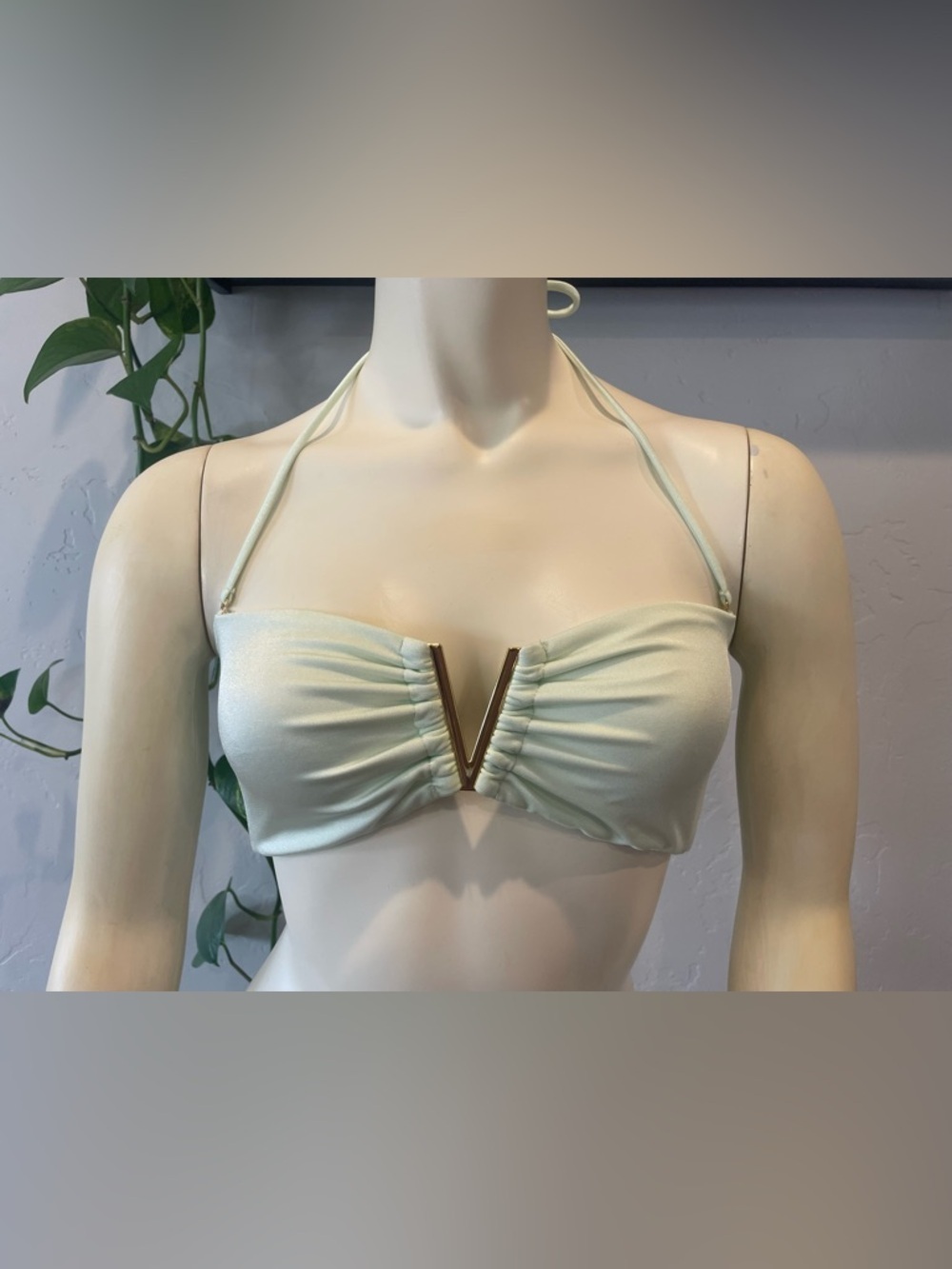 New Victoria's Secret Mint Green shimmer Bikini Top with Gold V size L